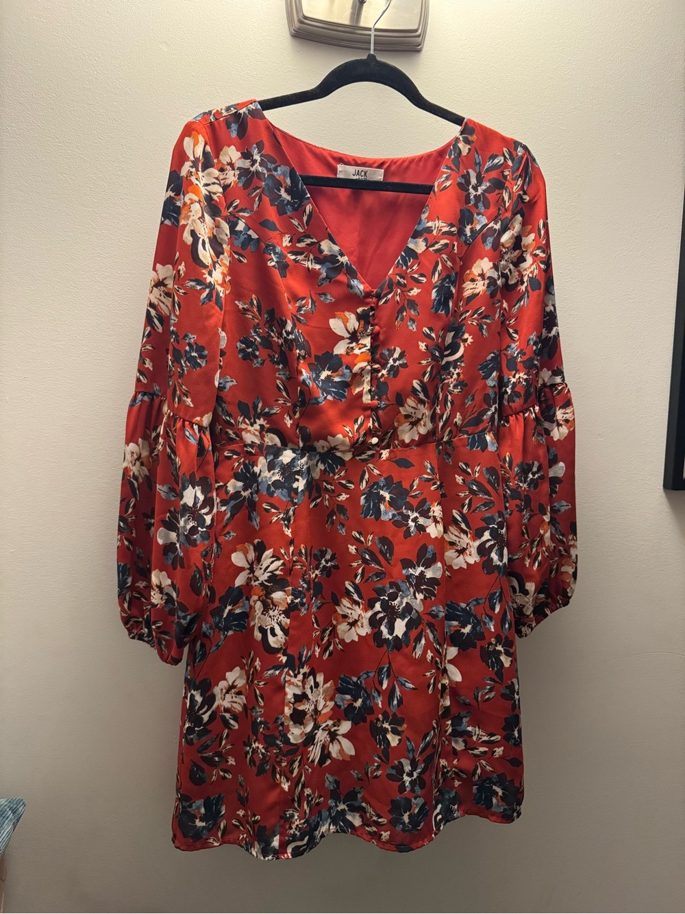 Jack by BB Dakota Red Floral Long Sleeve V-Neck Dress